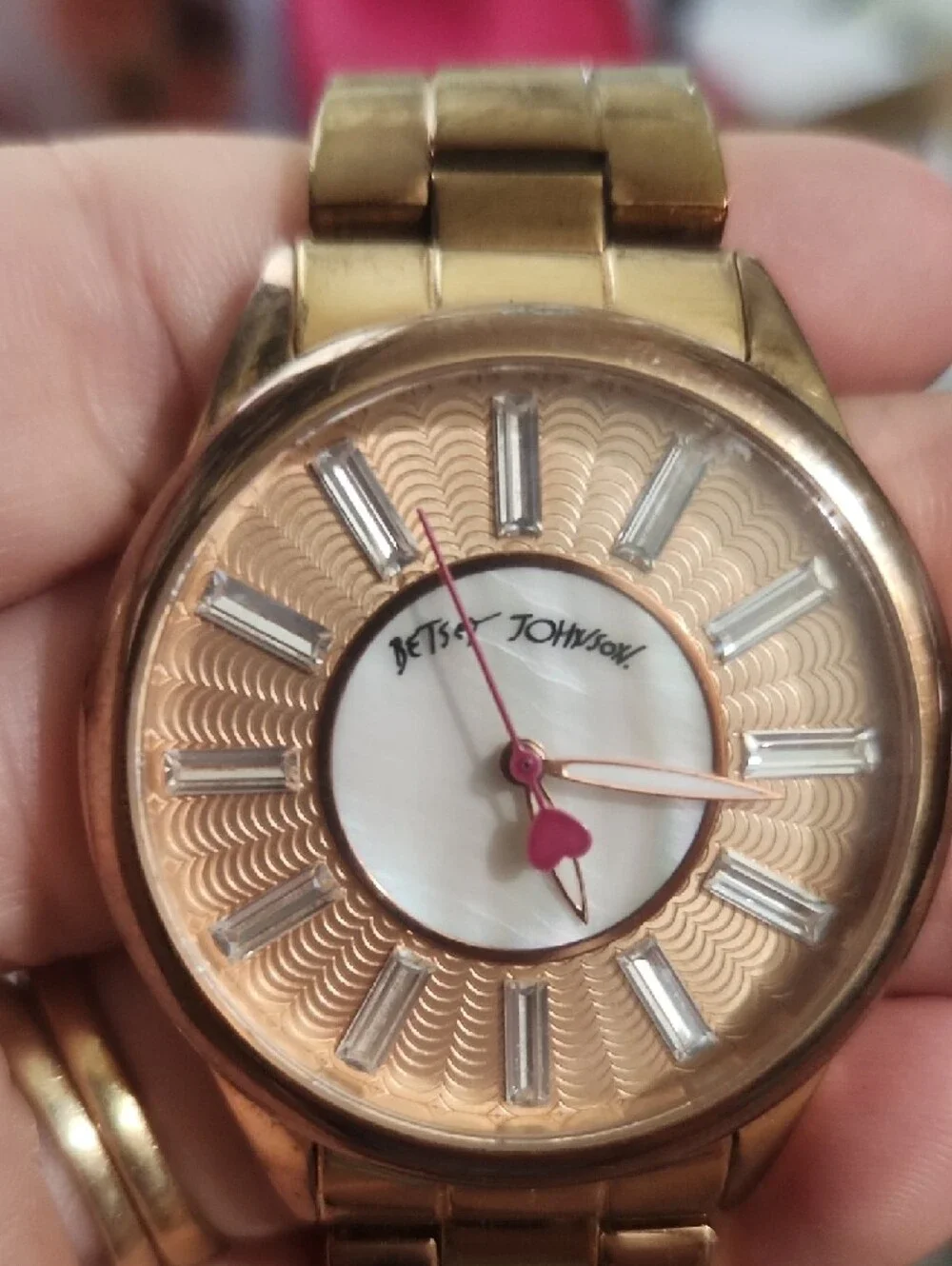 Betsey Johnson Rose Gold and White Women's Watch with Pink Heart‎ Hand